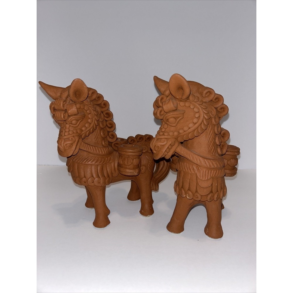 Vintage Pair Bankura Terra Cotta Red Clay Pottery Horse Figurines India Folk Art